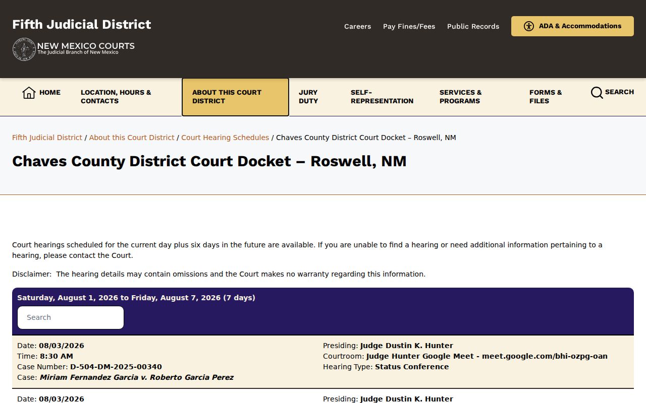 Chaves County criminal court seven-day docket
