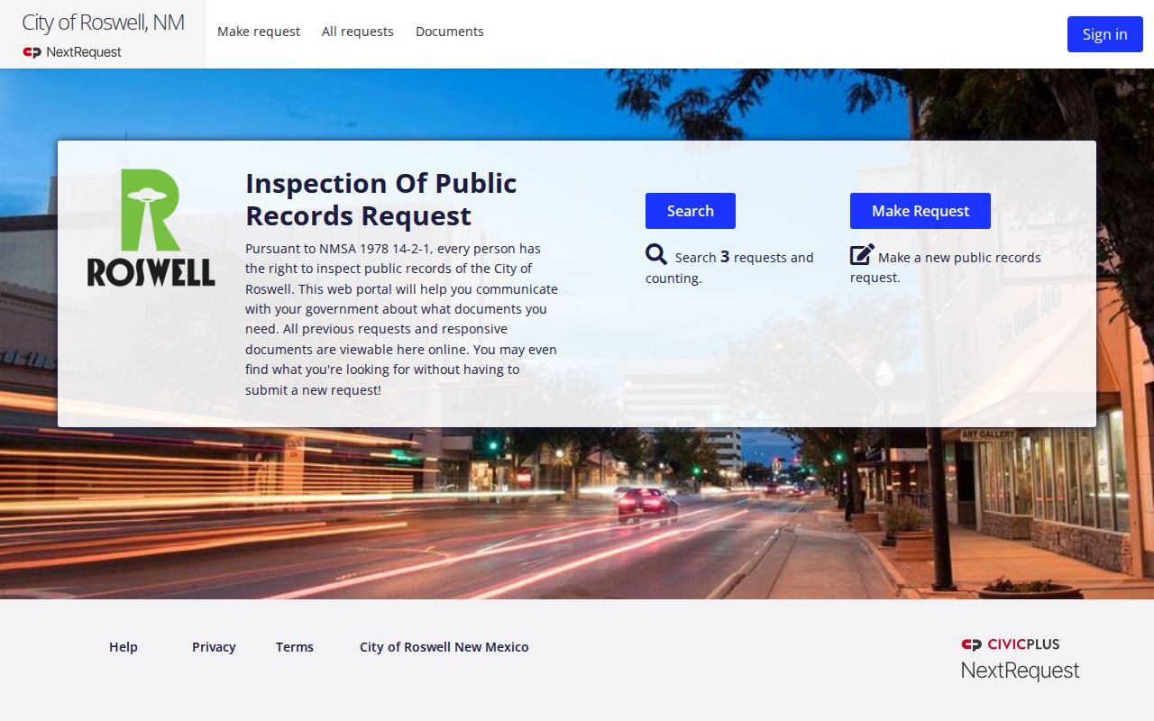 Roswell criminal records request through the city NextRequest portal