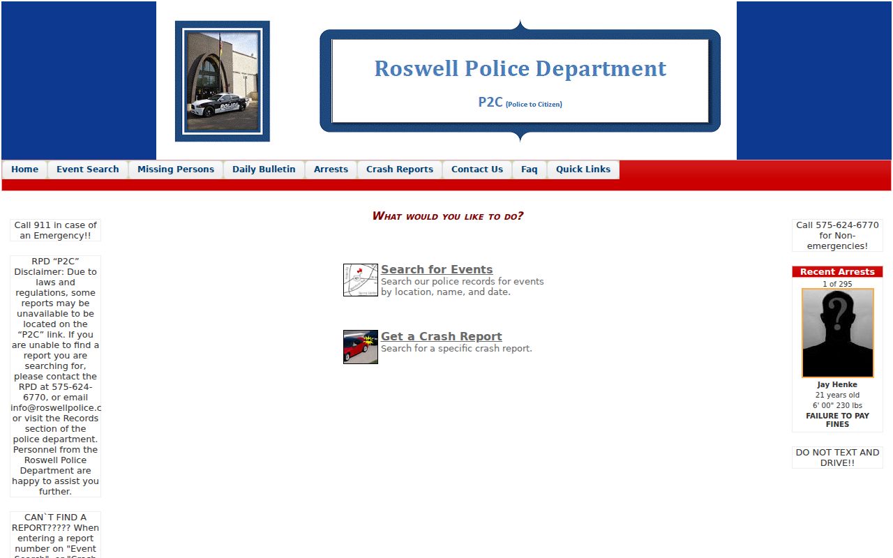 Roswell criminal history search on the Police P2C portal